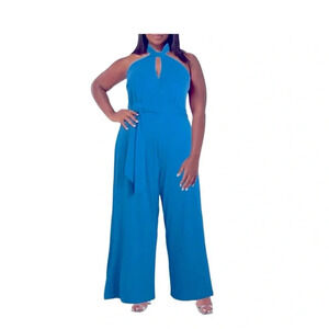 Maree Pour Toi Royal Blue Wide Leg Halter Jumpsuit V-neck Keyhole Size 1X